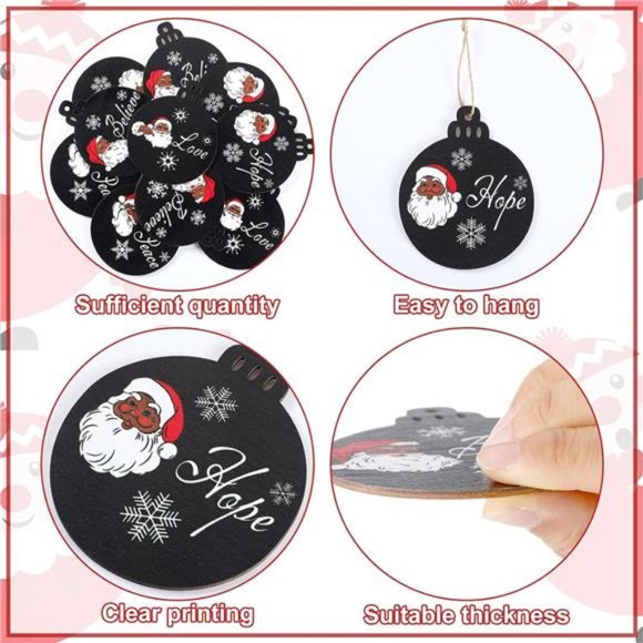 African American Christmas Tree Ornament Wooden Black Santa (Black,12 Pcs) - Picture 3 of 7